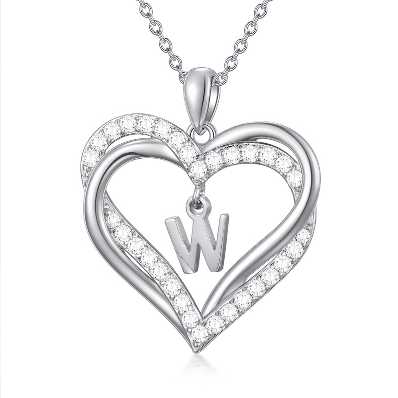 Sterling Silver Heart Cubic Zirconia Personalized Initial Letter W & Heart Pendant Necklace For Women Best Friends-1