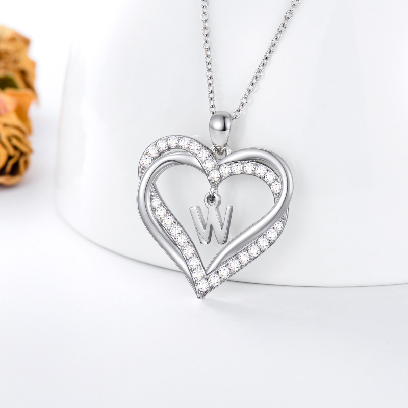 Sterling Silver Heart Cubic Zirconia Personalized Initial Letter W & Heart Pendant Necklace For Women Best Friends-4
