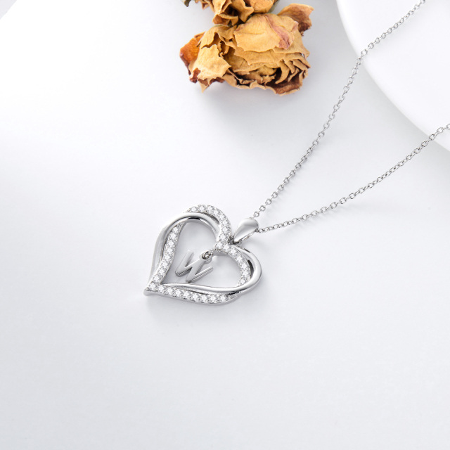 Sterling Silver Heart Shaped Cubic Zirconia Personalized Initial Letter & Heart Pendant Necklace with Initial Letter W-5