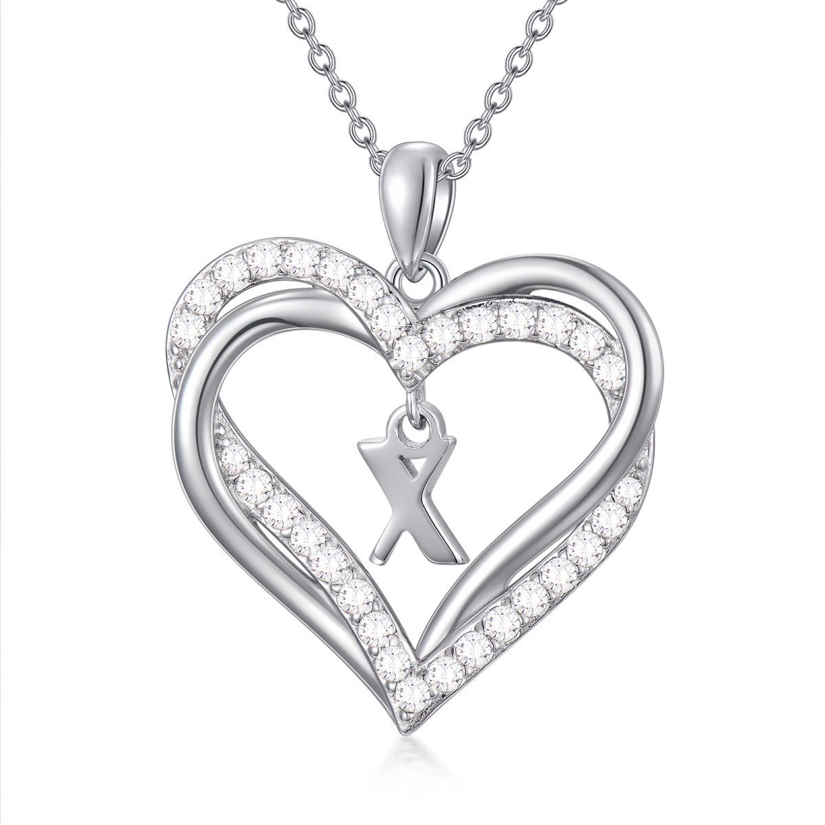 Sterling Silver Heart Cubic Zirconia Personalized Initial Letter X & Heart Pendant Necklace For Women Best Friends-1