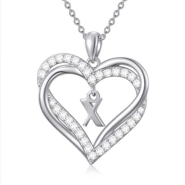 Sterling Silver Heart Shaped Cubic Zirconia Personalized Initial Letter & Heart Pendant Necklace with Initial Letter X-1