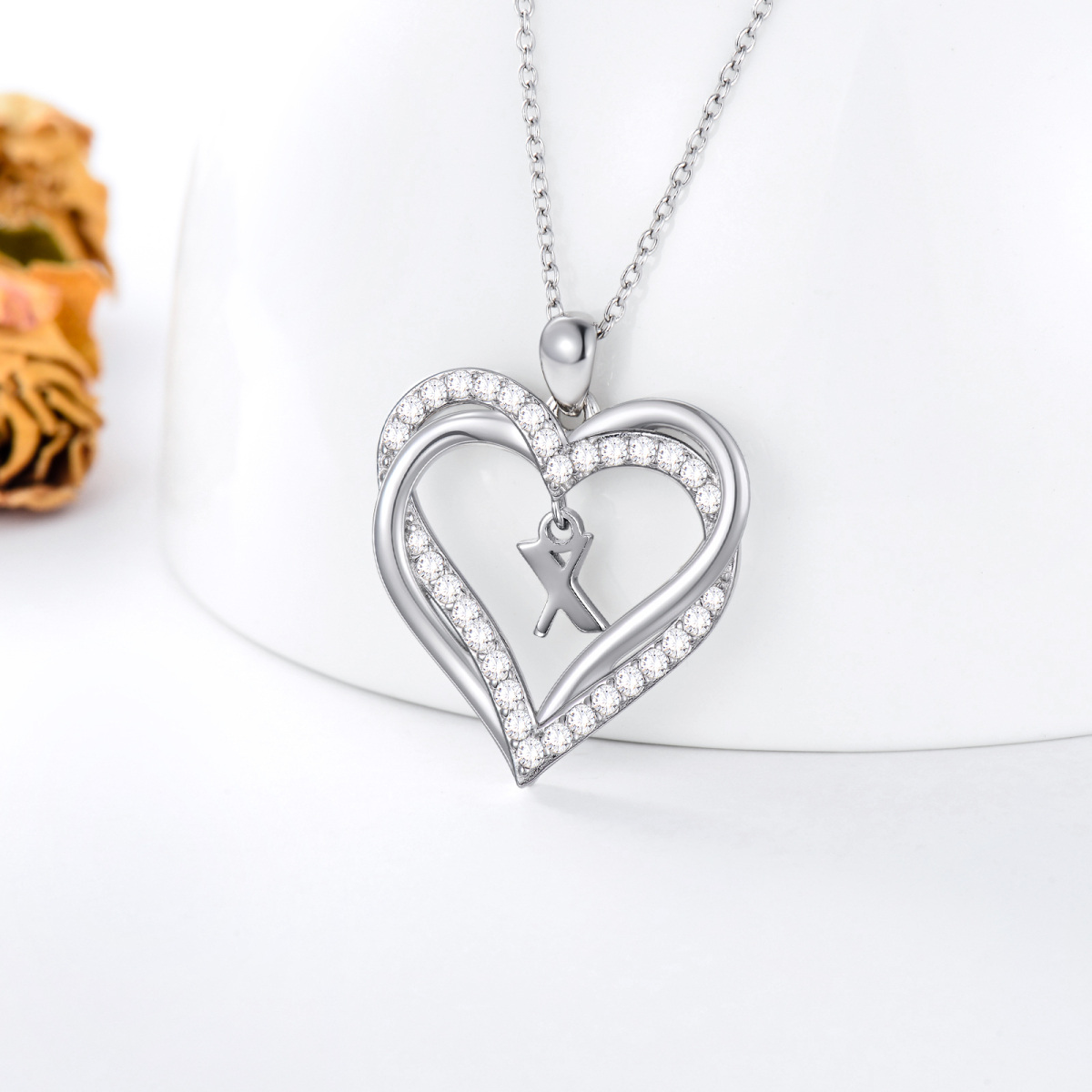 Collar con colgante de corazón y letra inicial personalizada con circonita cúbica y corazón de plata de ley para mujeres y mejores amigas-4