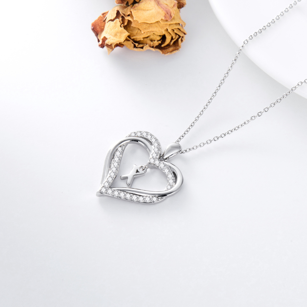 Sterling Silver Heart Shaped Cubic Zirconia Personalized Initial Letter & Heart Pendant Necklace with Initial Letter X-5