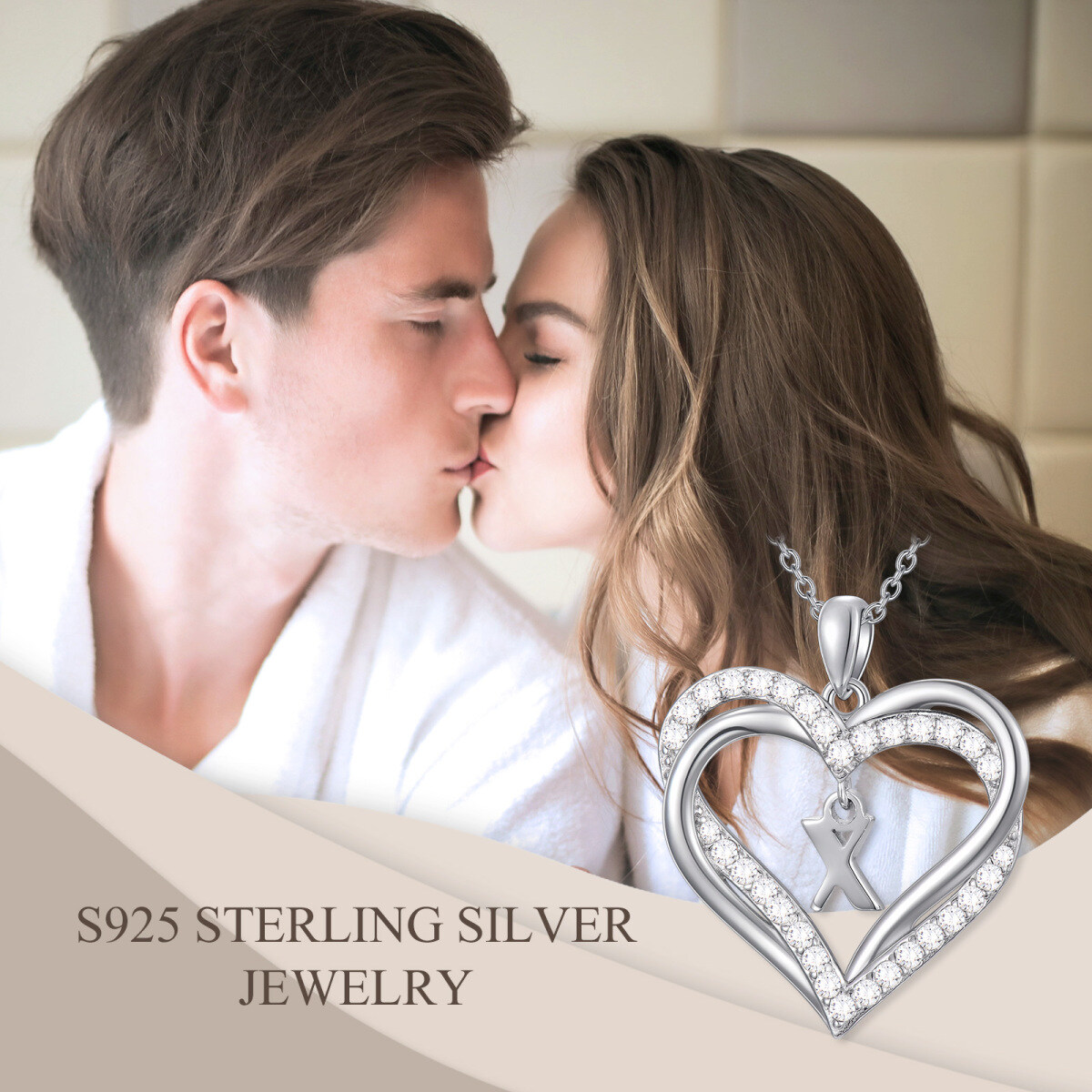 Sterling Silver Heart Shaped Cubic Zirconia Personalized Initial Letter & Heart Pendant Necklace with Initial Letter X-6