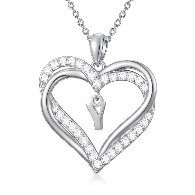 Sterling Silver Heart Shaped Cubic Zirconia Personalized Initial Letter & Heart Pendant Necklace with Initial Letter Y-1