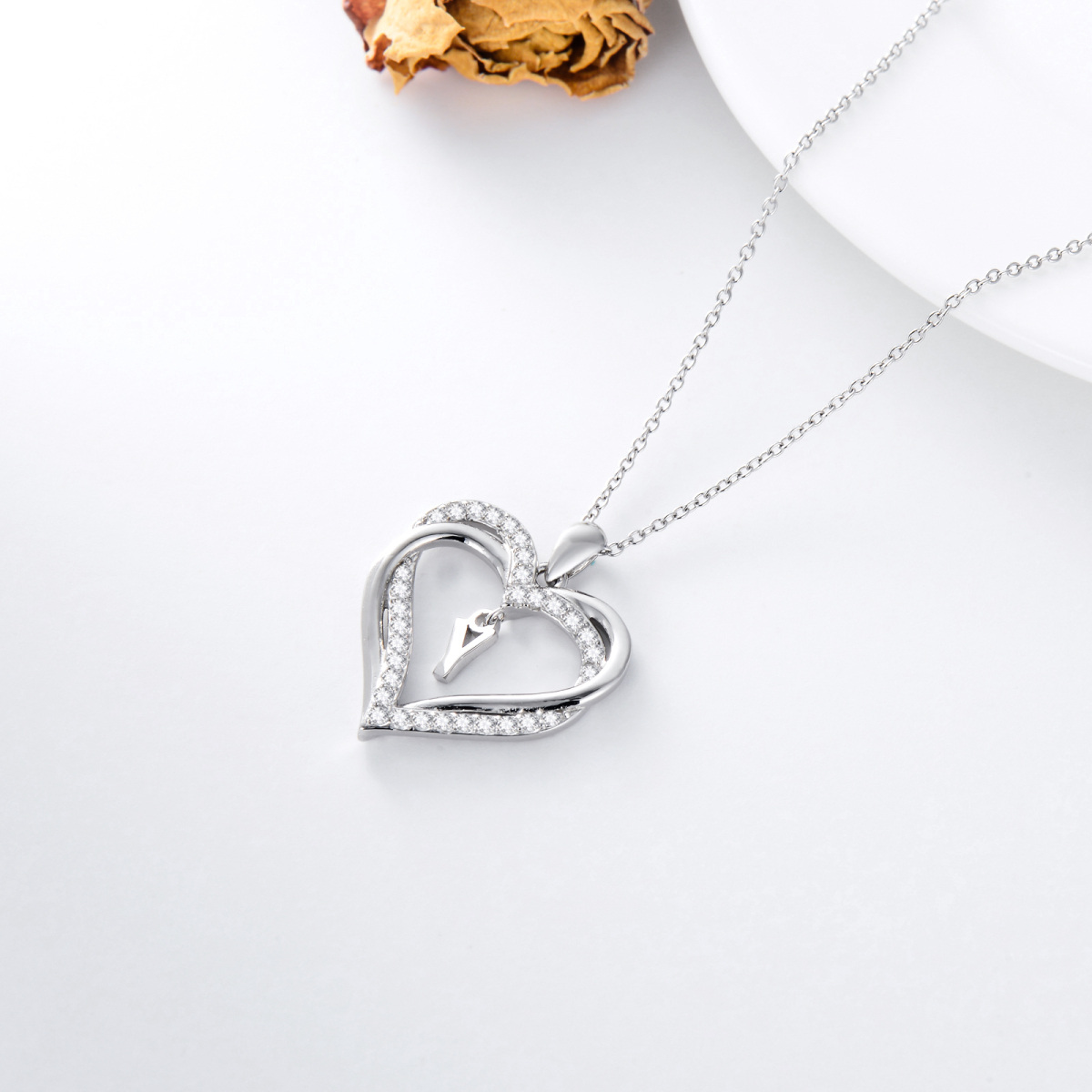 Sterling Silver Heart Shaped Cubic Zirconia Personalized Initial Letter & Heart Pendant Necklace with Initial Letter Y-5