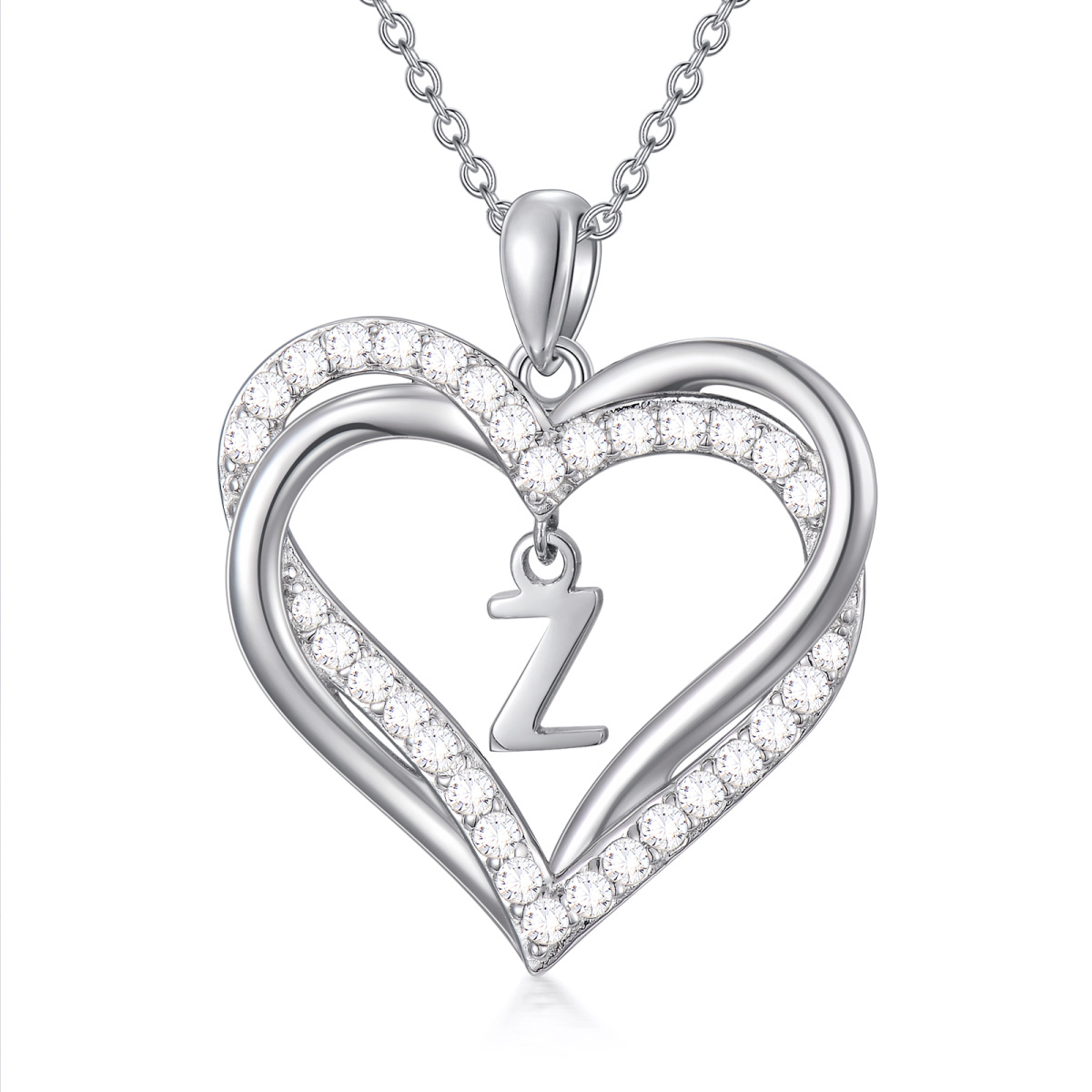 Sterling Silver Heart Shaped Cubic Zirconia Personalized Initial Letter & Heart Pendant Necklace with Initial Letter Z-1