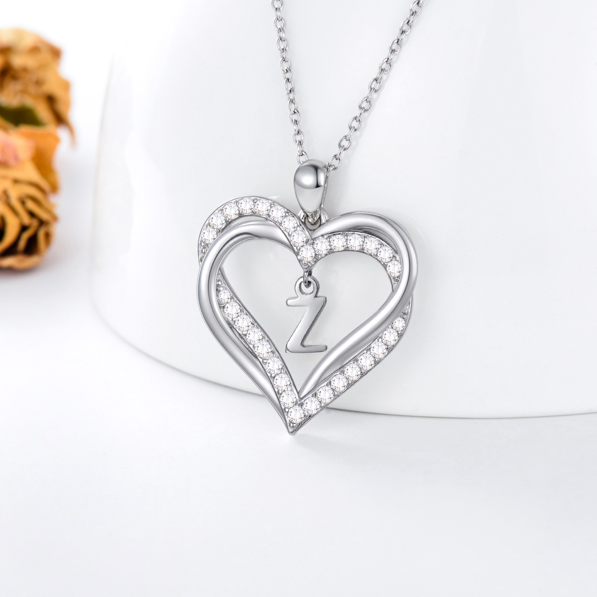 Sterling Silver Heart Shaped Cubic Zirconia Personalized Initial Letter & Heart Pendant Necklace with Initial Letter Z-4