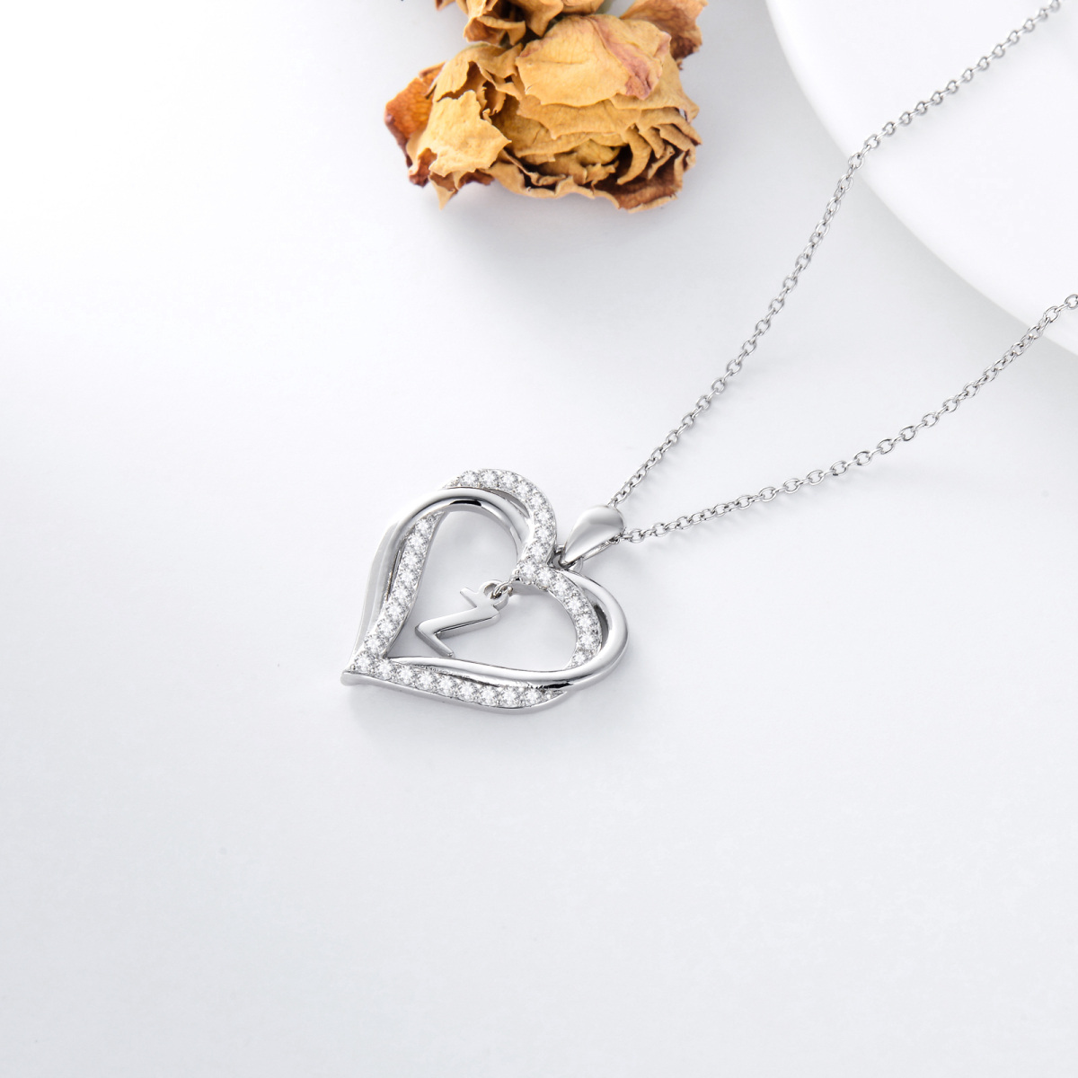 Sterling Silver Heart Shaped Cubic Zirconia Personalized Initial Letter & Heart Pendant Necklace with Initial Letter Z-5