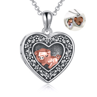 Sterling Silver Heart Shaped Pig Personalized Photo Locket Necklace-19