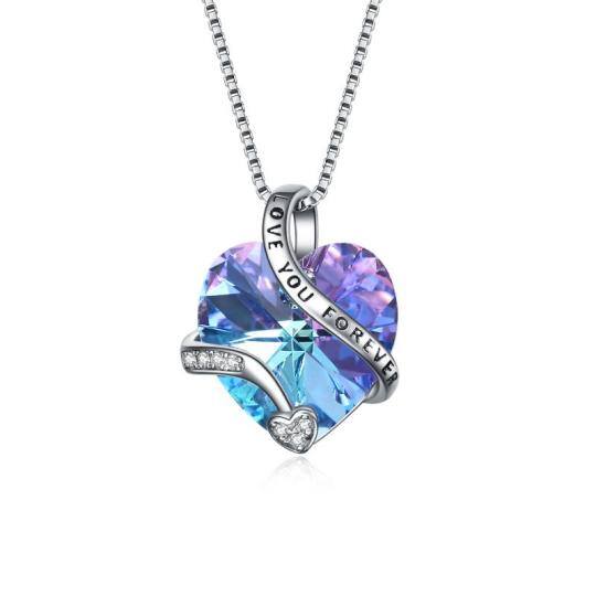 Sterling Silver Heart Shaped Purple Crystal Pendant Necklace Engraved Love You Forever