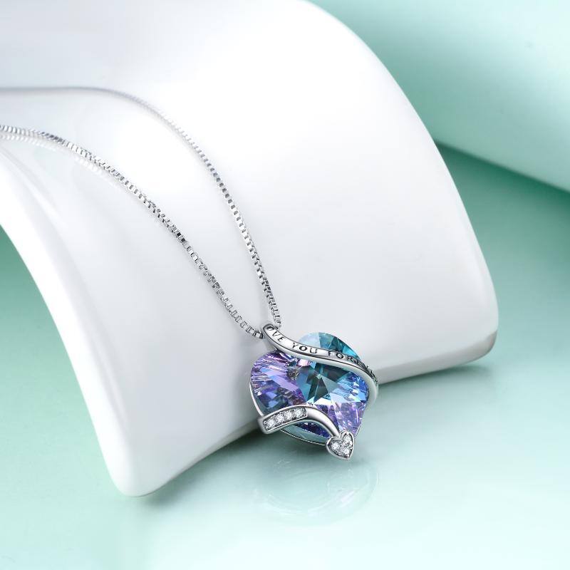 Collier en argent sterling avec pendentif en cristal violet en forme de coeur gravé Love You Forever-3