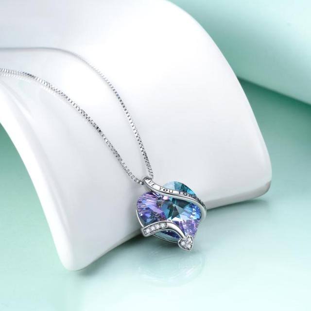 Sterling Silver Heart Shaped Purple Crystal Pendant Necklace Engraved Love You Forever-3