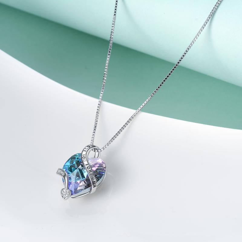 Collier en argent sterling avec pendentif en cristal violet en forme de coeur gravé Love You Forever-4