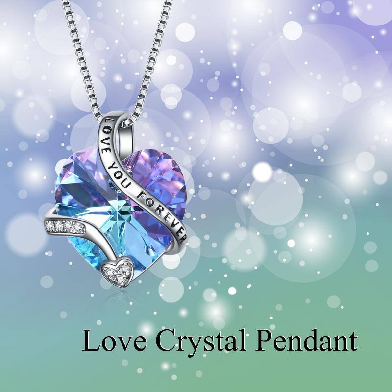 Sterling Silver Heart Shaped Purple Crystal Pendant Necklace Engraved Love You Forever-5