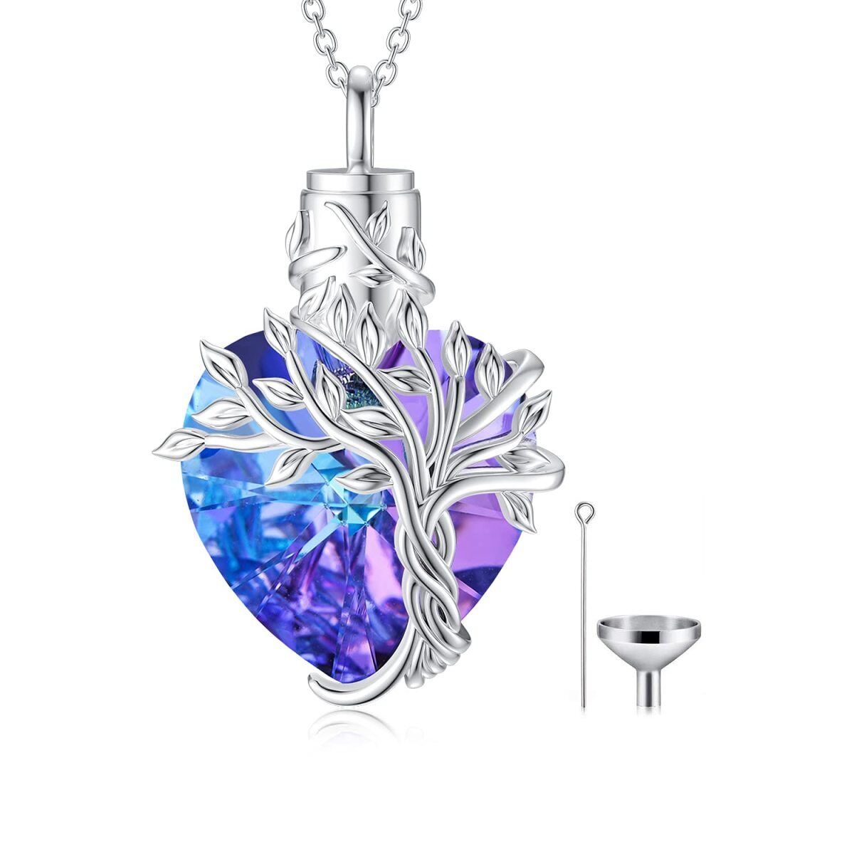 Collier d'urne d'arbre de vie en argent sterling avec cœur en cristal violet pour cendres pour femmes-1