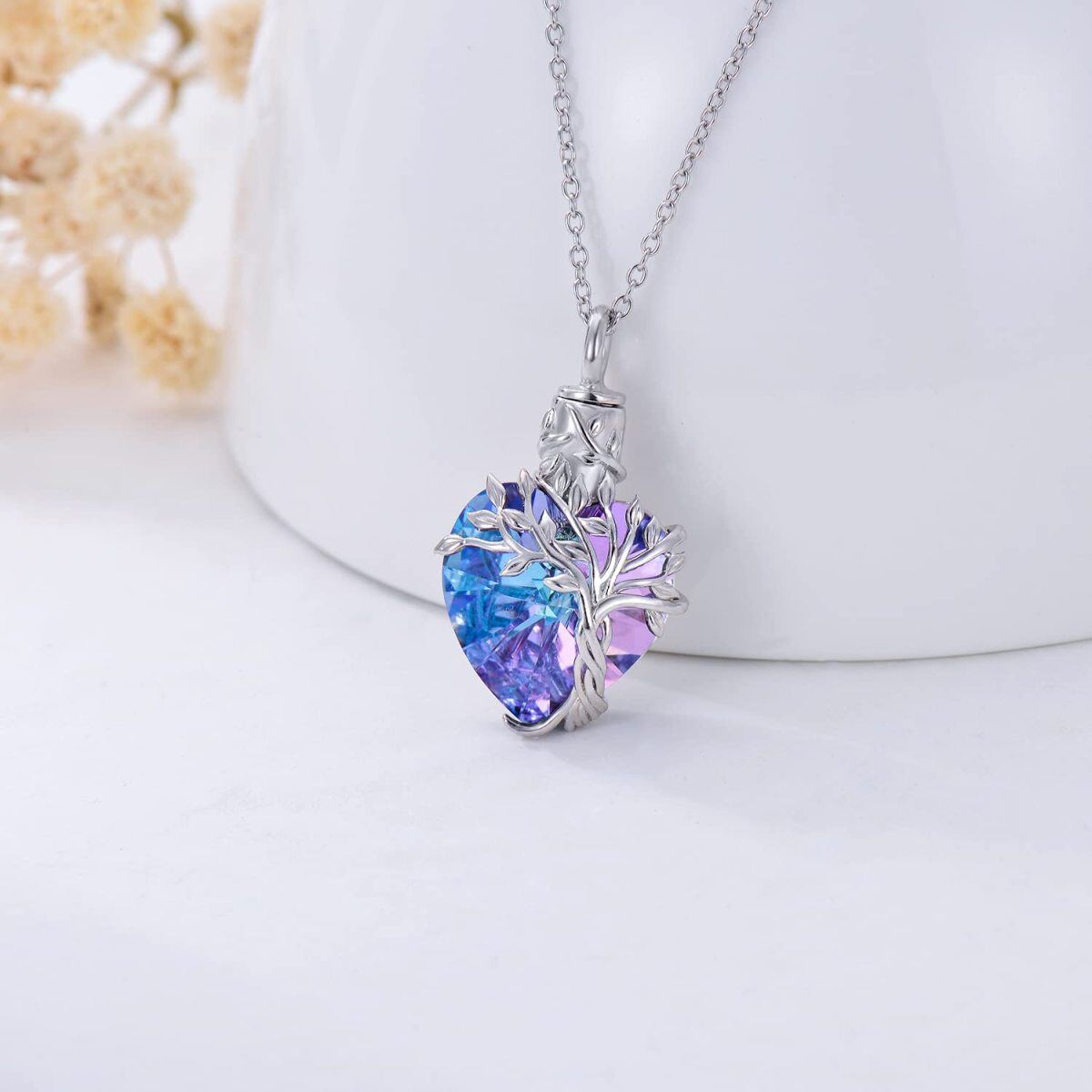 Collier d'urne d'arbre de vie en argent sterling avec cœur en cristal violet pour cendres pour femmes-4