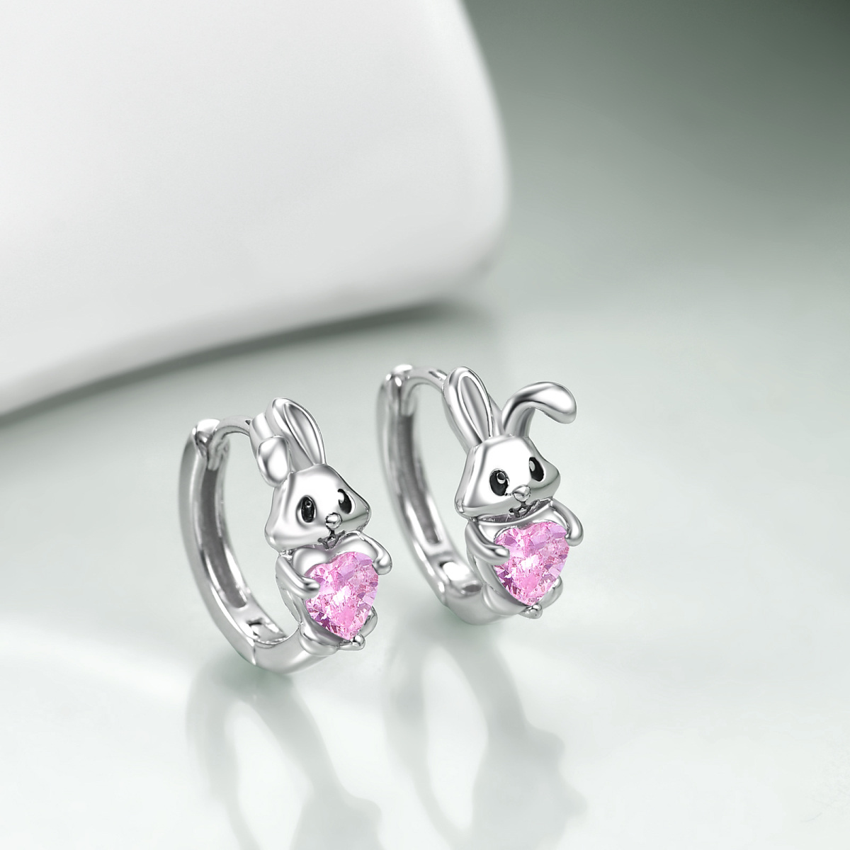 Sterling Silver Heart Shaped Cubic Zirconia Rabbit Hoop Earrings-3