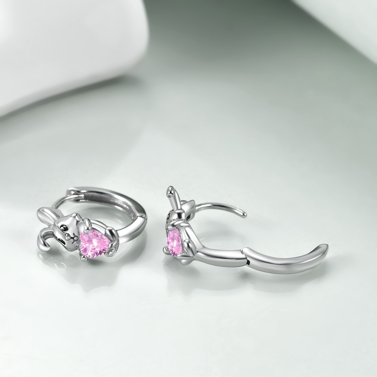 Sterling Silver Heart Shaped Cubic Zirconia Rabbit Hoop Earrings-4