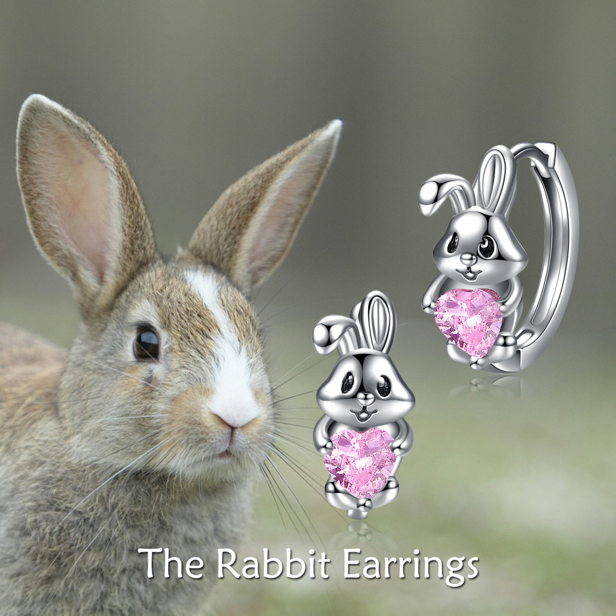 Sterling Silver Heart Shaped Cubic Zirconia Rabbit Hoop Earrings-6