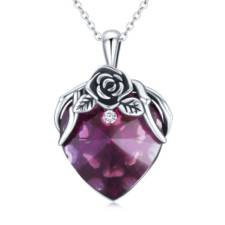 Sterling Silver Oxidized Heart Rose Purple Crystal Pendant Necklace-45