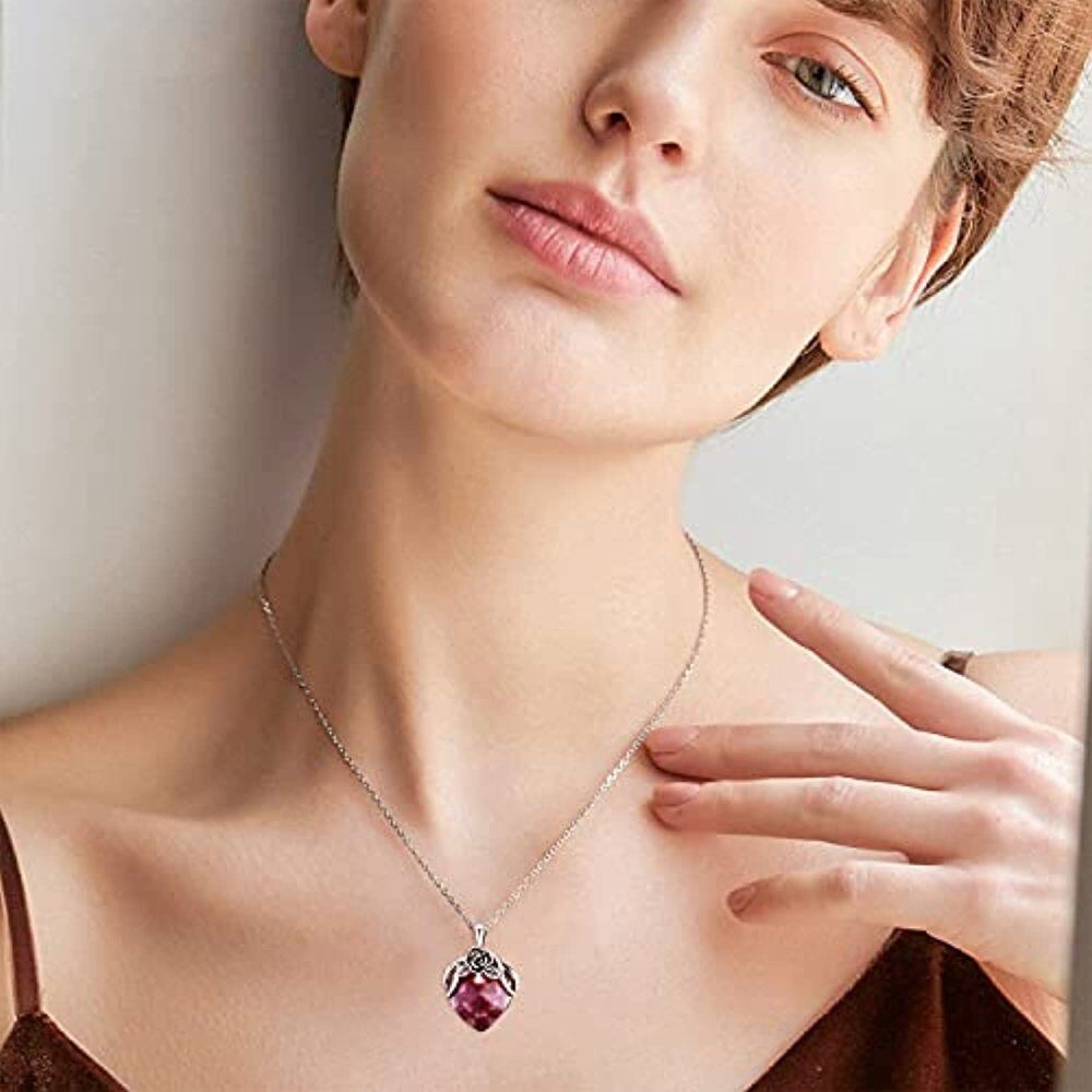 Sterling Silver Oxidized Heart Rose Purple Crystal Pendant Necklace-2
