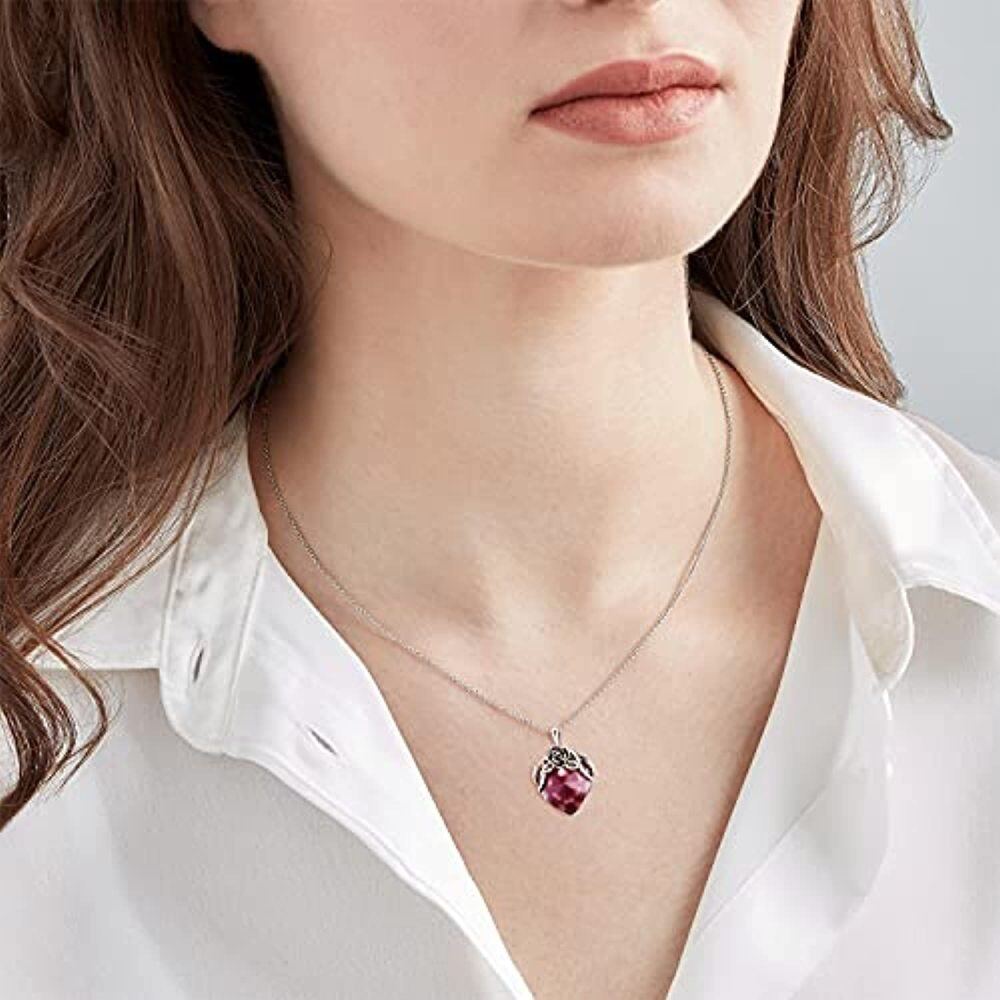Sterling Silver Oxidized Heart Rose Purple Crystal Pendant Necklace-3