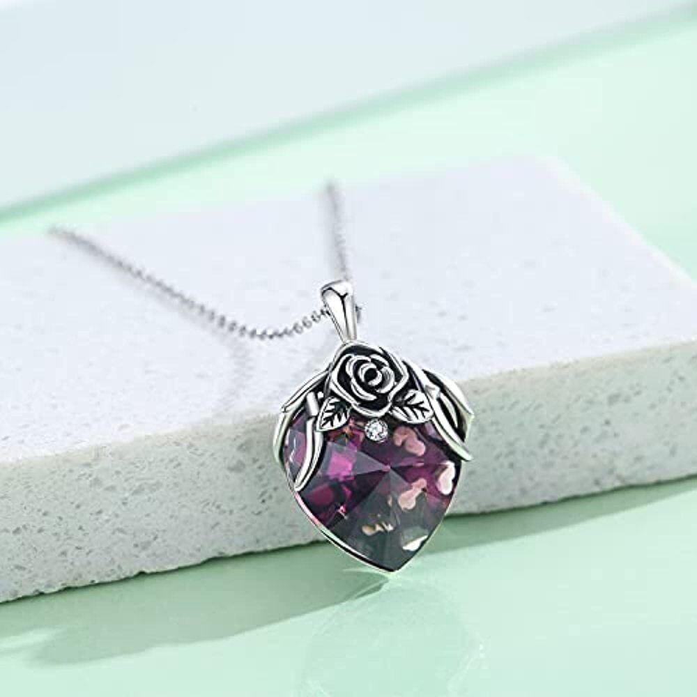Sterling Silver Oxidized Heart Rose Purple Crystal Pendant Necklace-4