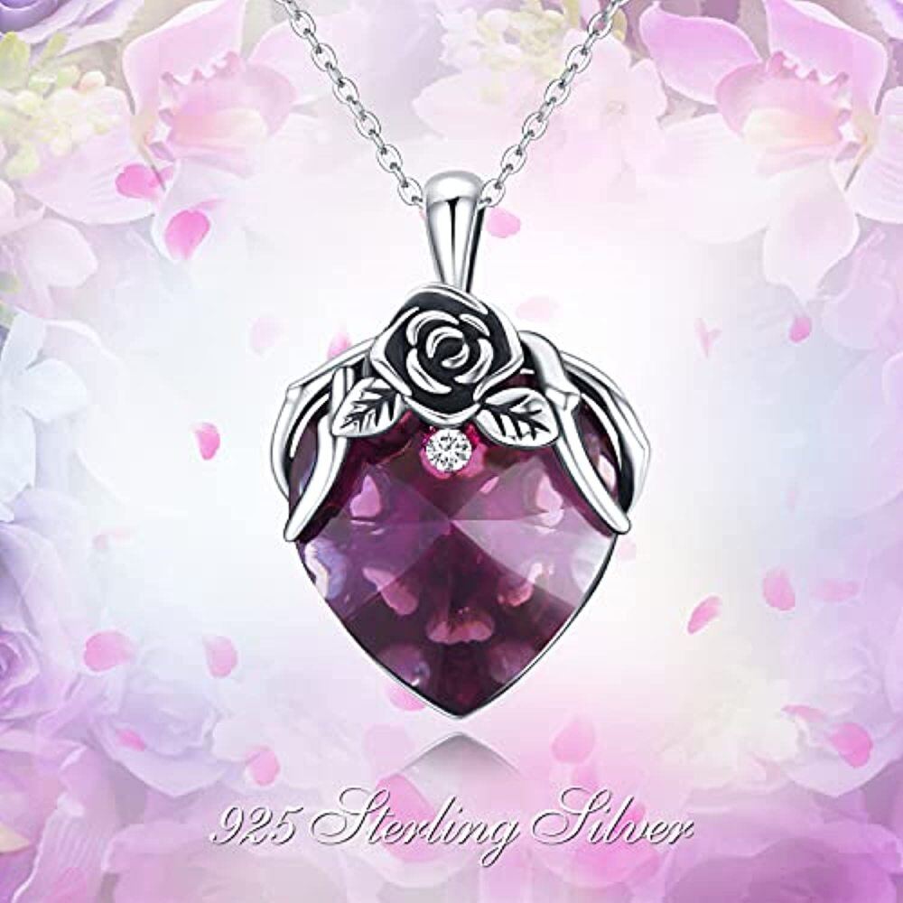 Sterling Silver Oxidized Heart Rose Purple Crystal Pendant Necklace-5