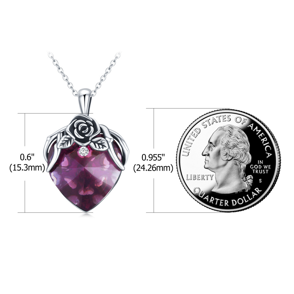 Sterling Silver Oxidized Heart Rose Purple Crystal Pendant Necklace-6