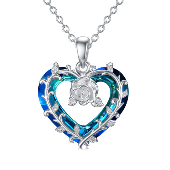 Sterling Silver Heart Shaped Rose & Heart Crystal Pendant Necklace