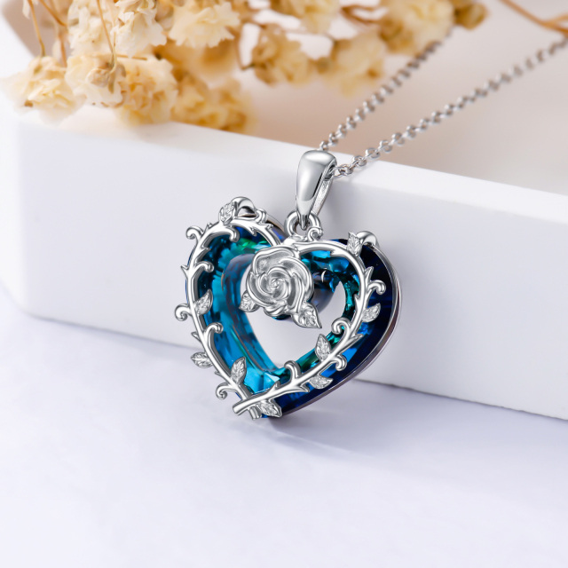 Sterling Silver Heart Shaped Rose & Heart Crystal Pendant Necklace-3