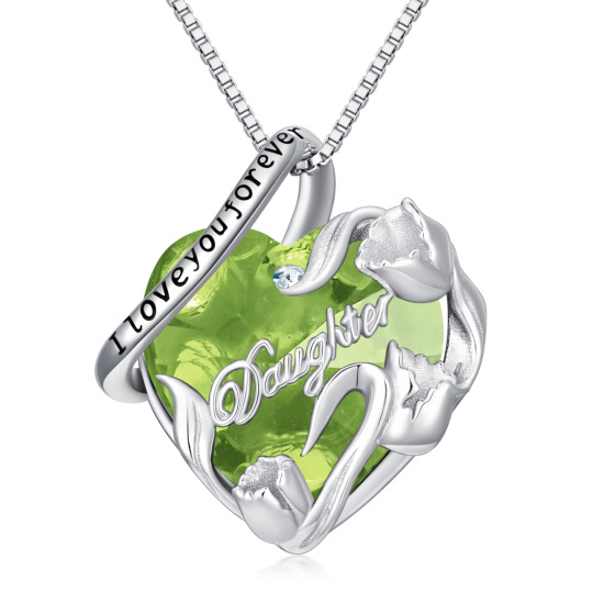 Sterling Silver Heart Shaped Rose & Heart Crystal Pendant Necklace with Engraved Word