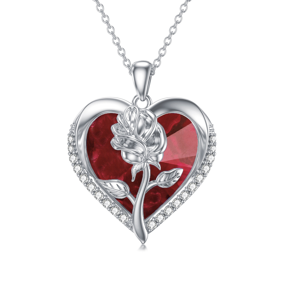 Sterling Silver Rose Red Crystal Heart Necklace for Women-1