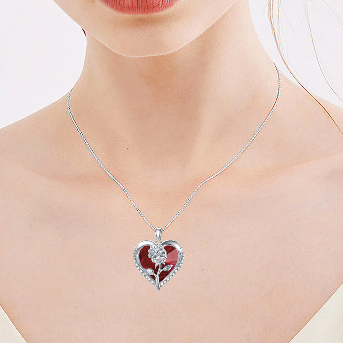 Sterling Silver Rose Red Crystal Heart Necklace for Women-2