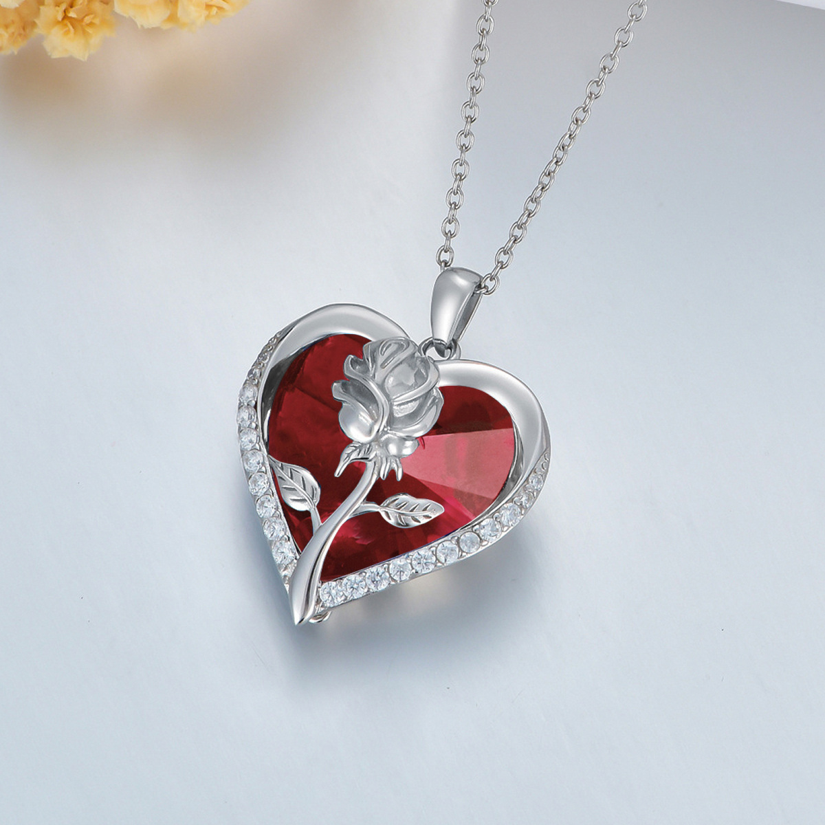 Sterling Silver Rose Red Crystal Heart Necklace for Women-3