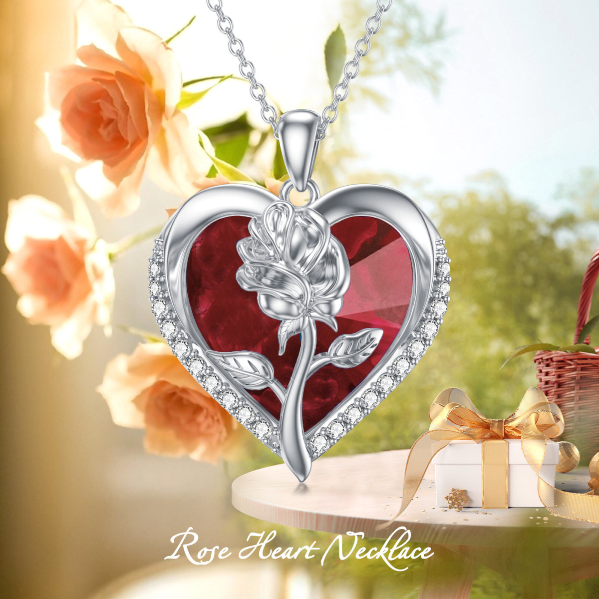 Sterling Silver Rose Red Crystal Heart Necklace for Women-6