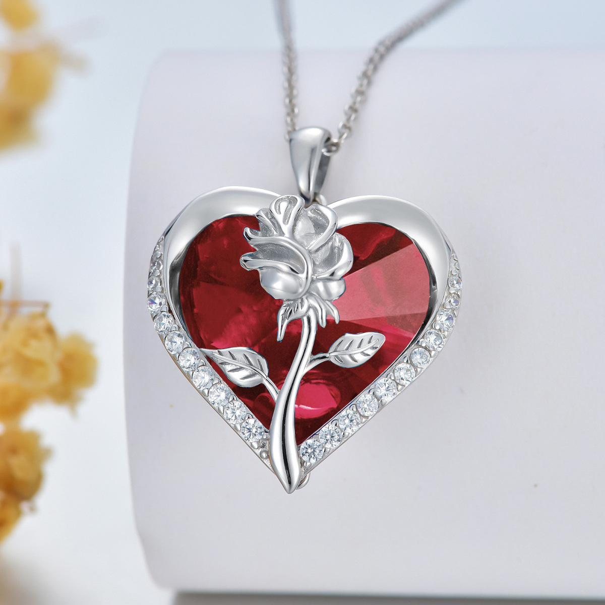 Collana in argento sterling con cuore di cristallo rosso rosa per donna-4