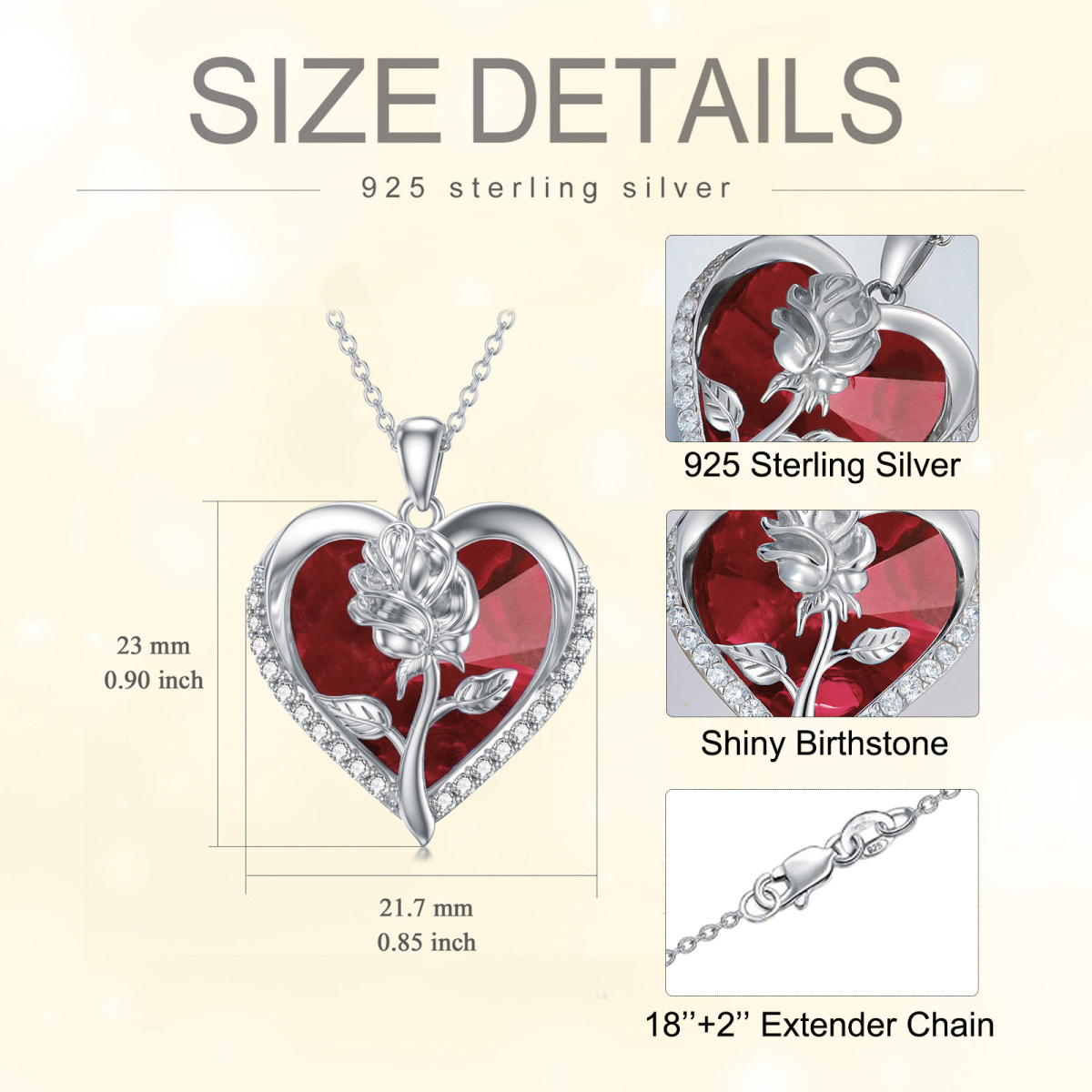 Sterling Silver Rose Red Crystal Heart Necklace for Women-5