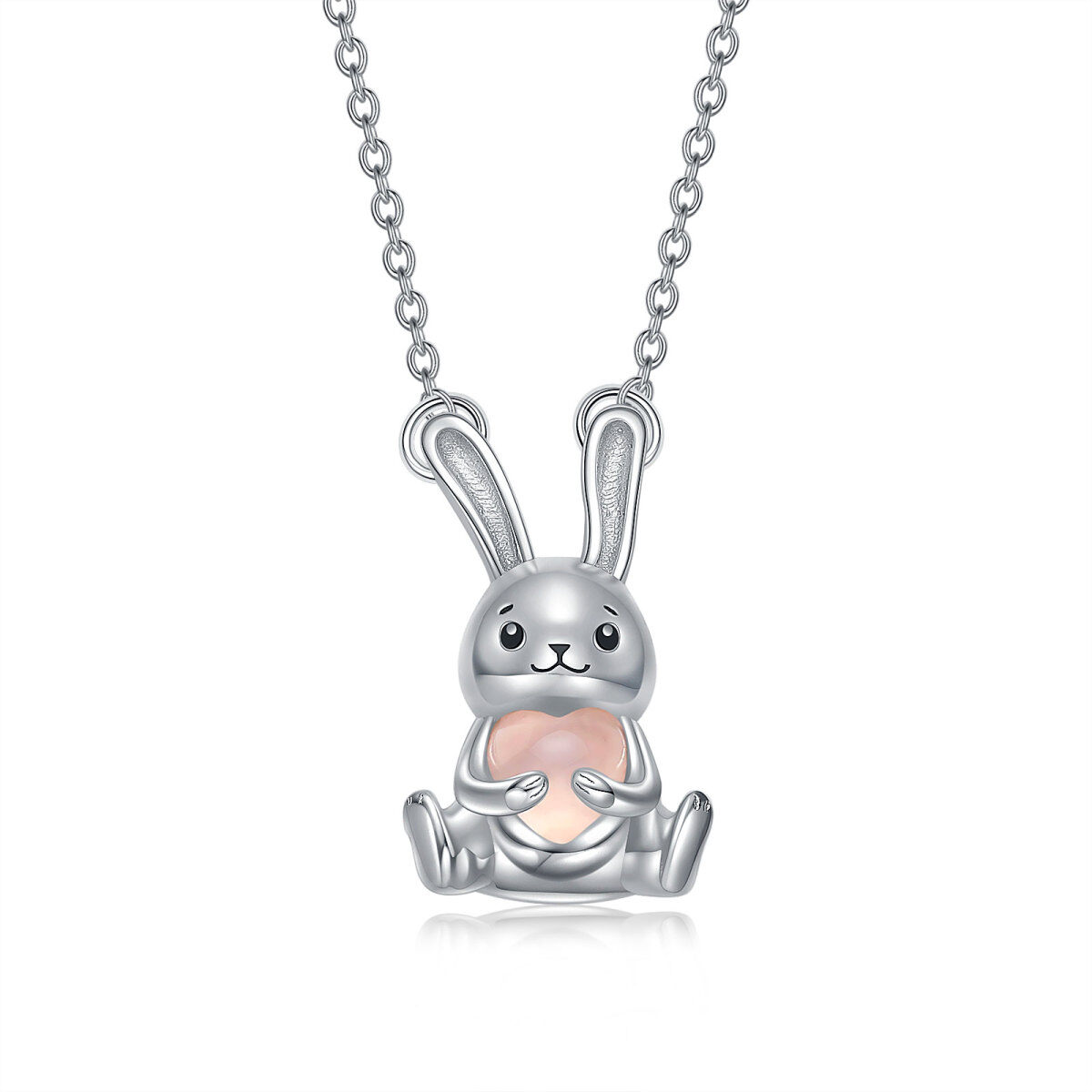 Collier avec pendentif lapin en argent sterling et cœur en quartz rose pour femme-1