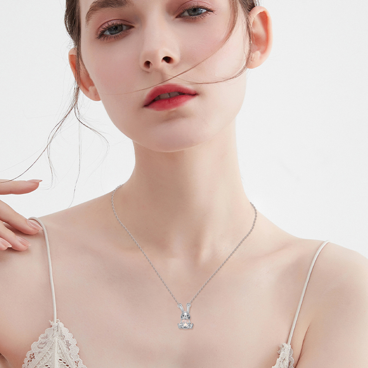 Collier avec pendentif lapin en argent sterling et cœur en quartz rose pour femme-2