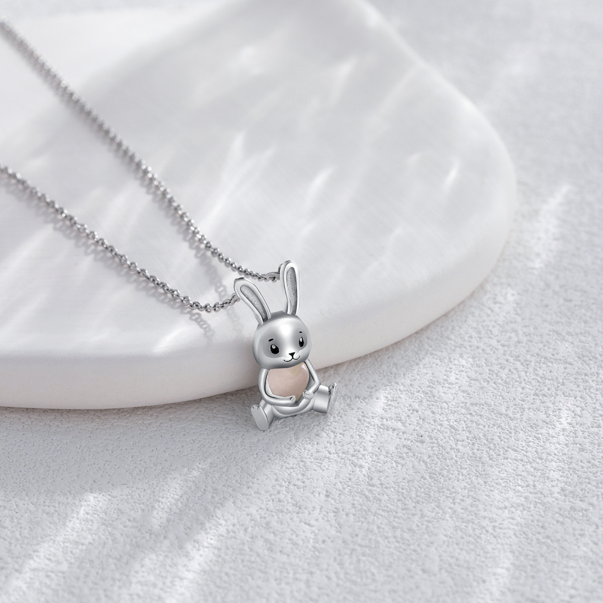 Collier avec pendentif lapin en argent sterling et cœur en quartz rose pour femme-3