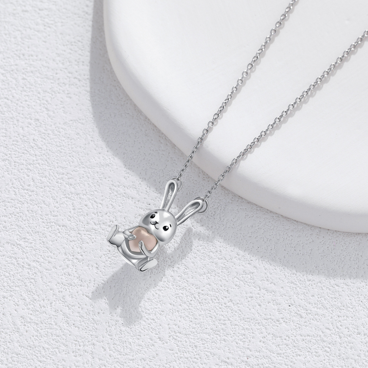 Sterling Silver Heart Rose Quartz Rabbit Pendant Necklace For Women-4