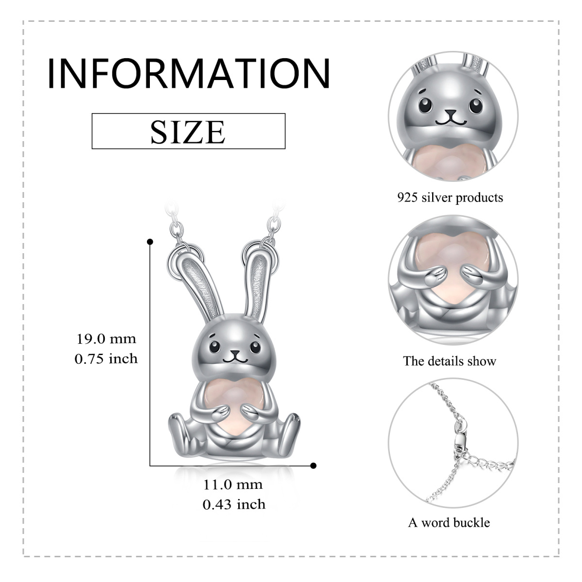 Sterlingsilber-Halskette mit Herz-Rosenquarz-Kaninchen-Anhänger für Damen-5