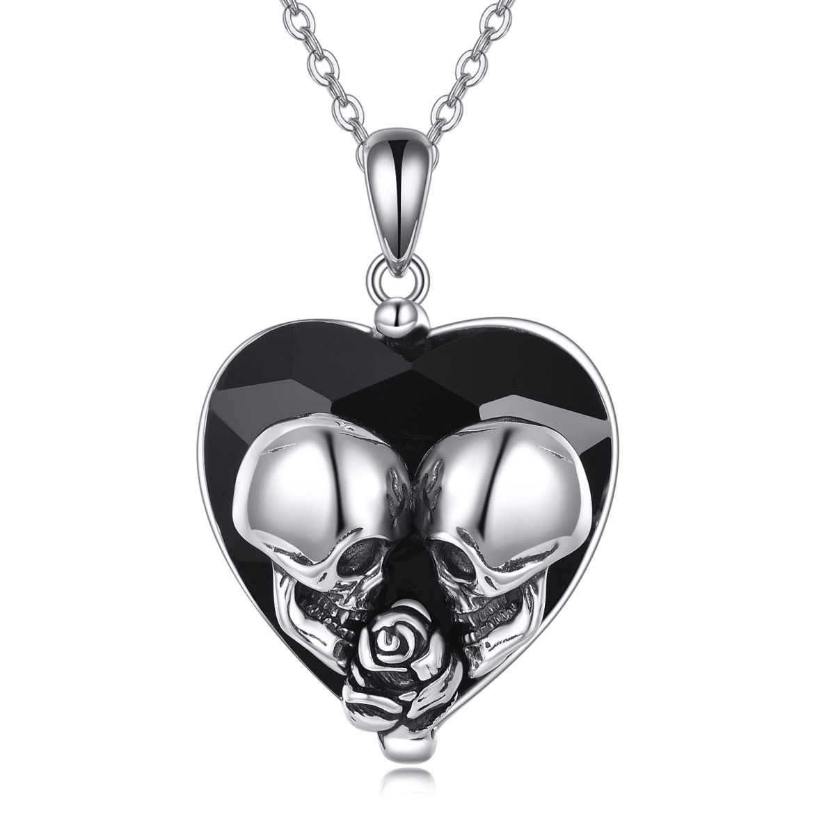 Sterling Silver Heart Crystal Rose Skull Pendant Necklace For Women-1