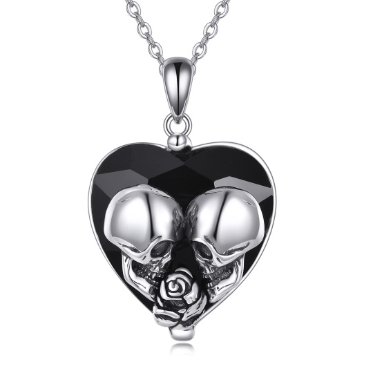 Sterling Silver Heart Shaped Rose & Heart & Skull Crystal Pendant Necklace