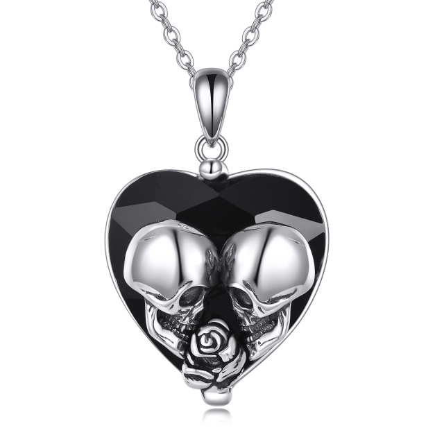 Sterling Silver Heart Shaped Rose & Heart & Skull Crystal Pendant Necklace-4