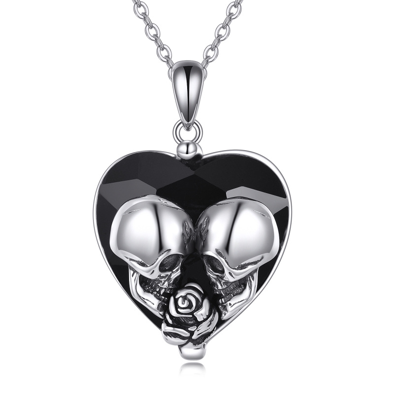 Collana da donna con pendente a forma di teschio in cristallo rosa a forma di cuore in argento sterling-2
