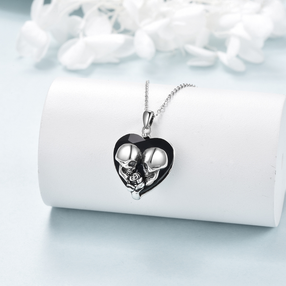 Sterling Silver Heart Crystal Rose Skull Pendant Necklace For Women-3