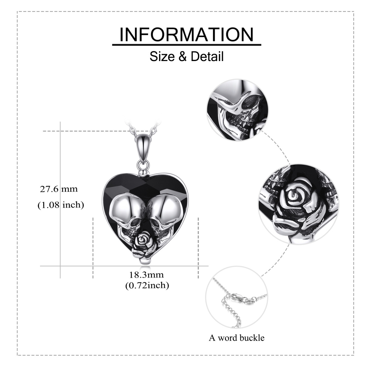 Sterling Silver Heart Crystal Rose Skull Pendant Necklace For Women-5